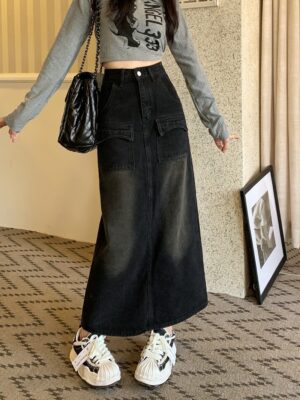 Long Denim Skirt - Y2K Aesthetic