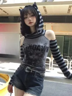 Striped Off-Shoulder Hoodie - Grunge Aesthetic