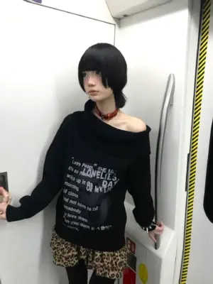 Off Shoulder Dark Pullover Sweater - Grunge Aesthetic