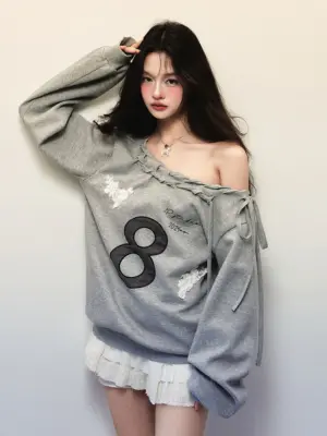 Off Shoulder Gray Sweathirt - Coquette Aesthetic