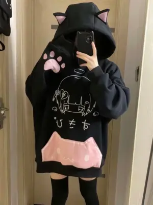 Black Pink Cat Hoodie - Cutecore Aesthetic すきび