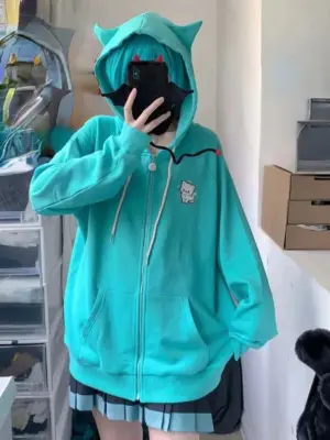 Turquoise Zipper Hoodie - Harajuku Streetwear