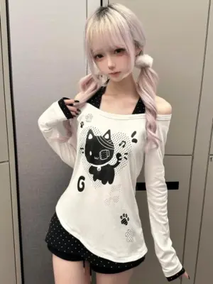 Patched Neko Off-Shoulder T-Shirt - Cutecore Aesthetic